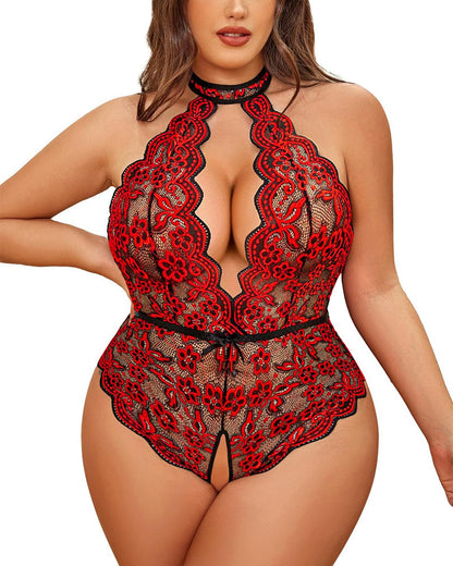 Plus Size Lingerie for Women Lace Bodysuit Halter Teddy Crotchless Nightgown