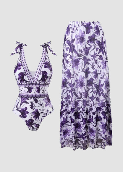 V Neck Blue Print One-Piece Swimsuit and Matching Cover Skirt Set Summer Swimdress