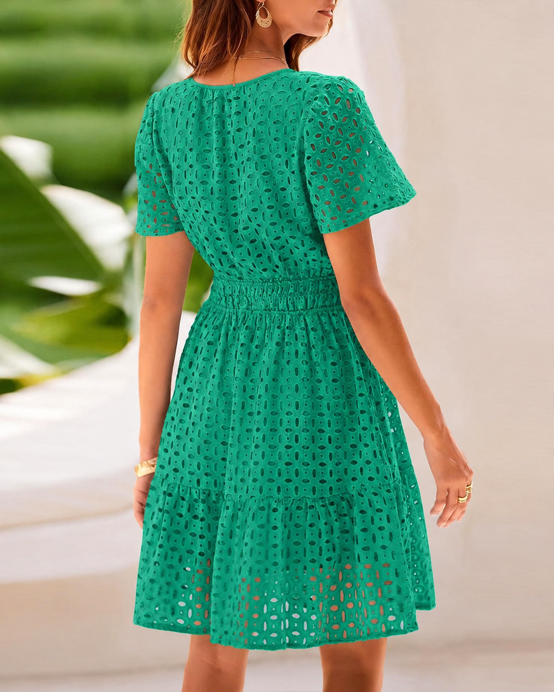 Women V Neck Lace  Eyelet A Line Summer Dress