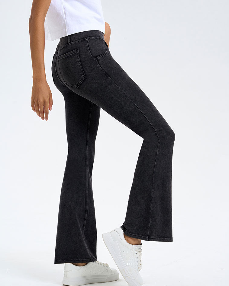 Curvy Fit High Waist Crossover Flare Denim Jeans - Illusion Pocket Stretch