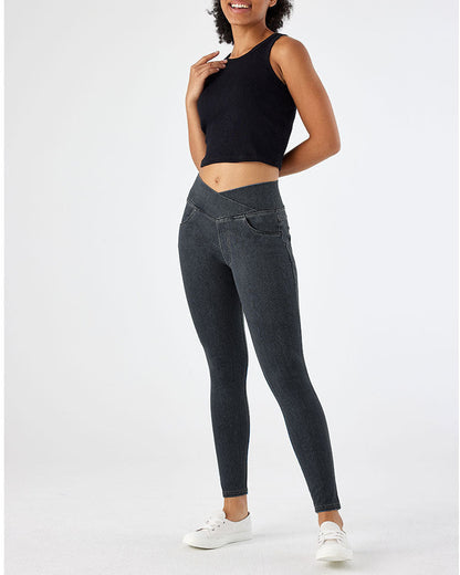 Curvy Fit High Waist Crossover Flare Denim Jeans - Illusion Pocket Stretch