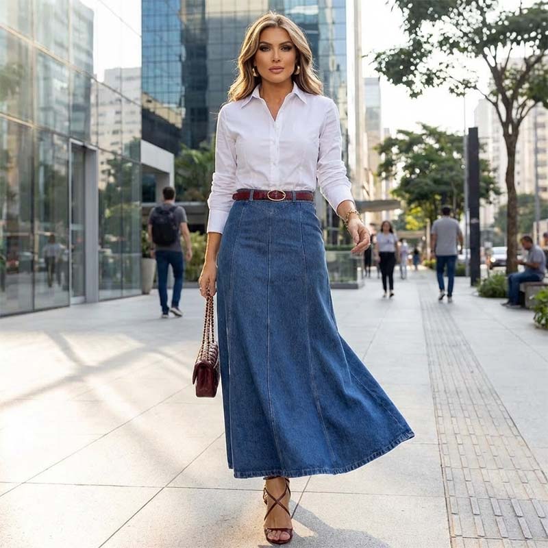 2026 New In Spring丨High-Waist A-Line Denim Maxi Skirt