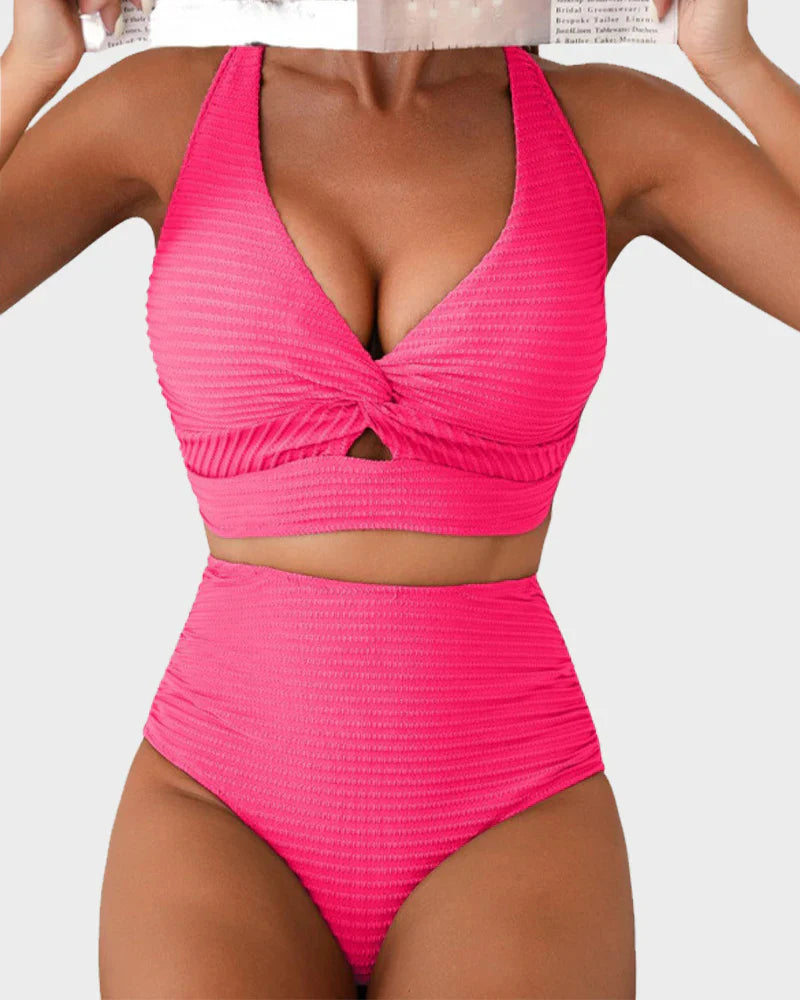 Textured Bikini Set with Twist Front Top & High-Waisted Bottoms