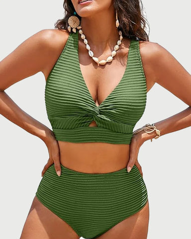 Textured Bikini Set with Twist Front Top & High-Waisted Bottoms