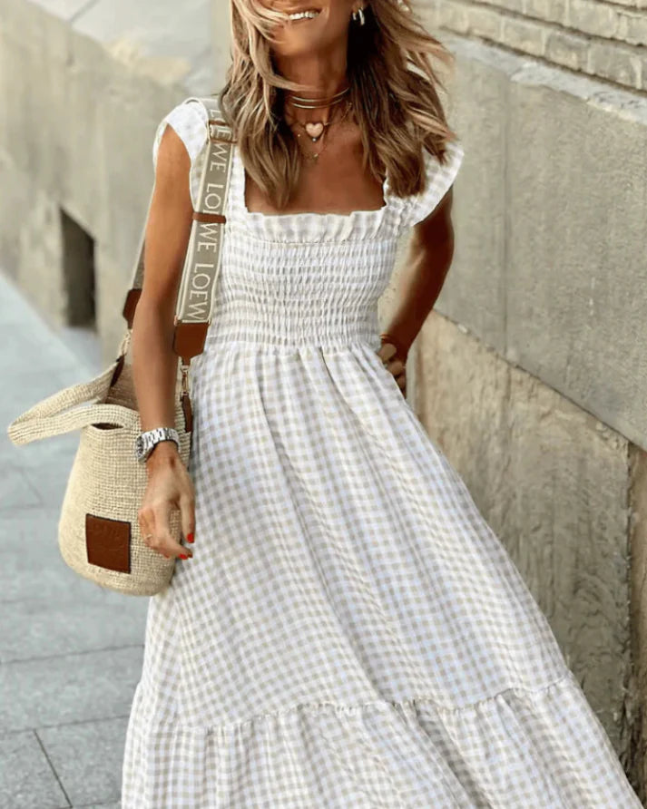Women's Retro Plaid Smocked Maxi Dress with Pockets - Sleeveless Flowy Casual Dress