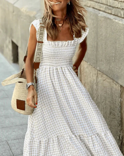 Women's Retro Plaid Smocked Maxi Dress with Pockets - Sleeveless Flowy Casual Dress
