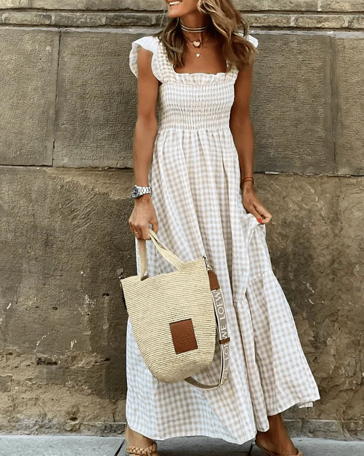 Women's Retro Plaid Smocked Maxi Dress with Pockets - Sleeveless Flowy Casual Dress
