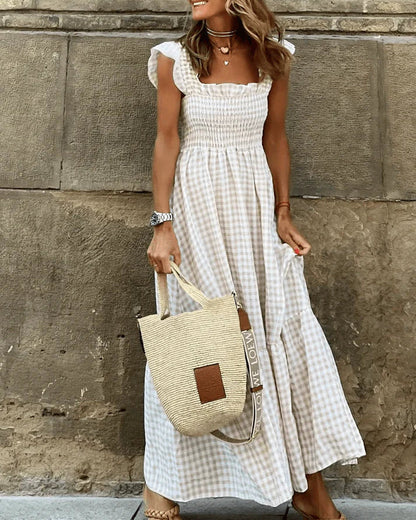 Women's Retro Plaid Smocked Maxi Dress with Pockets - Sleeveless Flowy Casual Dress