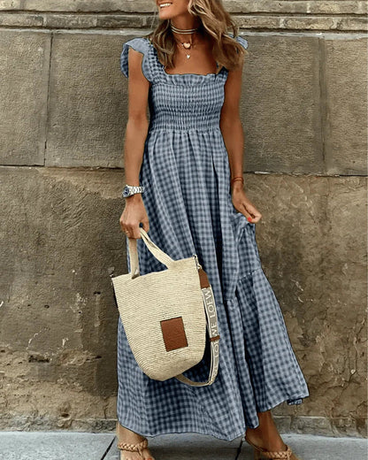 Women's Retro Plaid Smocked Maxi Dress with Pockets - Sleeveless Flowy Casual Dress