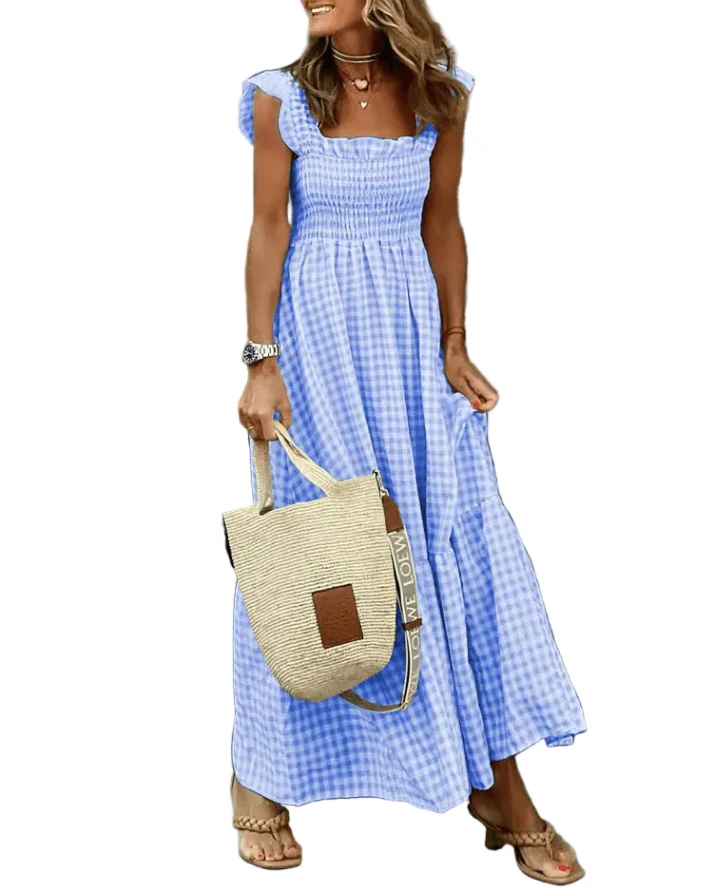 Women's Retro Plaid Smocked Maxi Dress with Pockets - Sleeveless Flowy Casual Dress