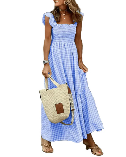 Women's Retro Plaid Smocked Maxi Dress with Pockets - Sleeveless Flowy Casual Dress