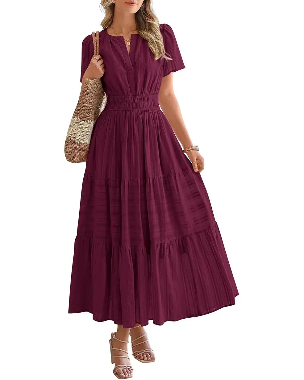 Women's Casual Boho Maxi Dress V Neck Short Sleeve with Pockets
